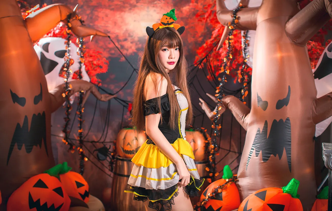 Photo wallpaper girl, pumpkin, Halloween, Asian, 31 Oct