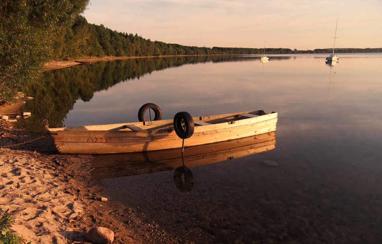 Photo wallpaper forest, water, sunset, lake, shore, boat, Lithuania