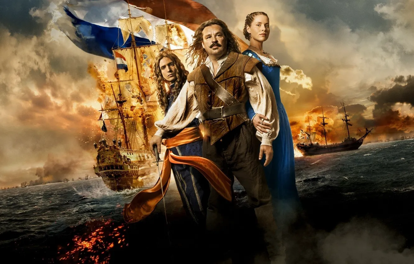 Photo wallpaper cinema, fire, flame, sword, sea, ocean, woman, square