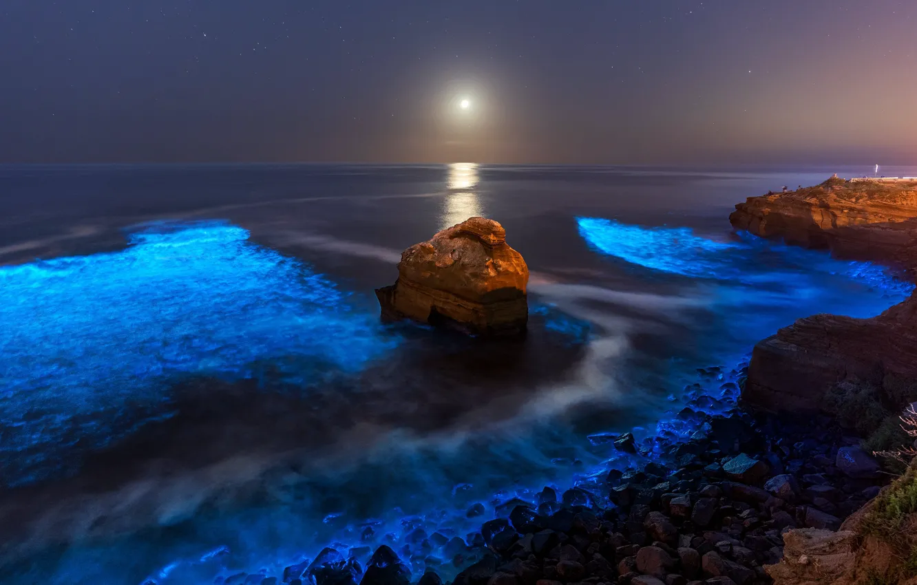Photo wallpaper sea, night, rocks, shore, surf