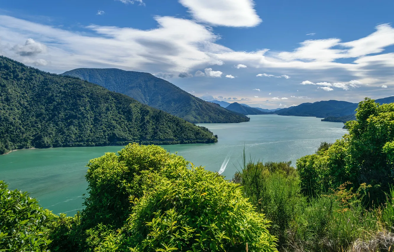 Photo wallpaper greens, the sky, the sun, clouds, mountains, river, New Zealand, Havelock