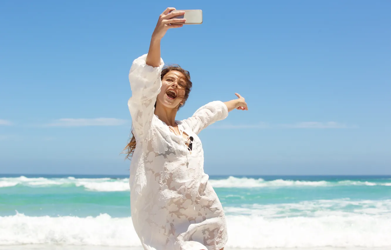 Photo wallpaper sand, sea, beach, summer, the sky, girl, the sun, shore