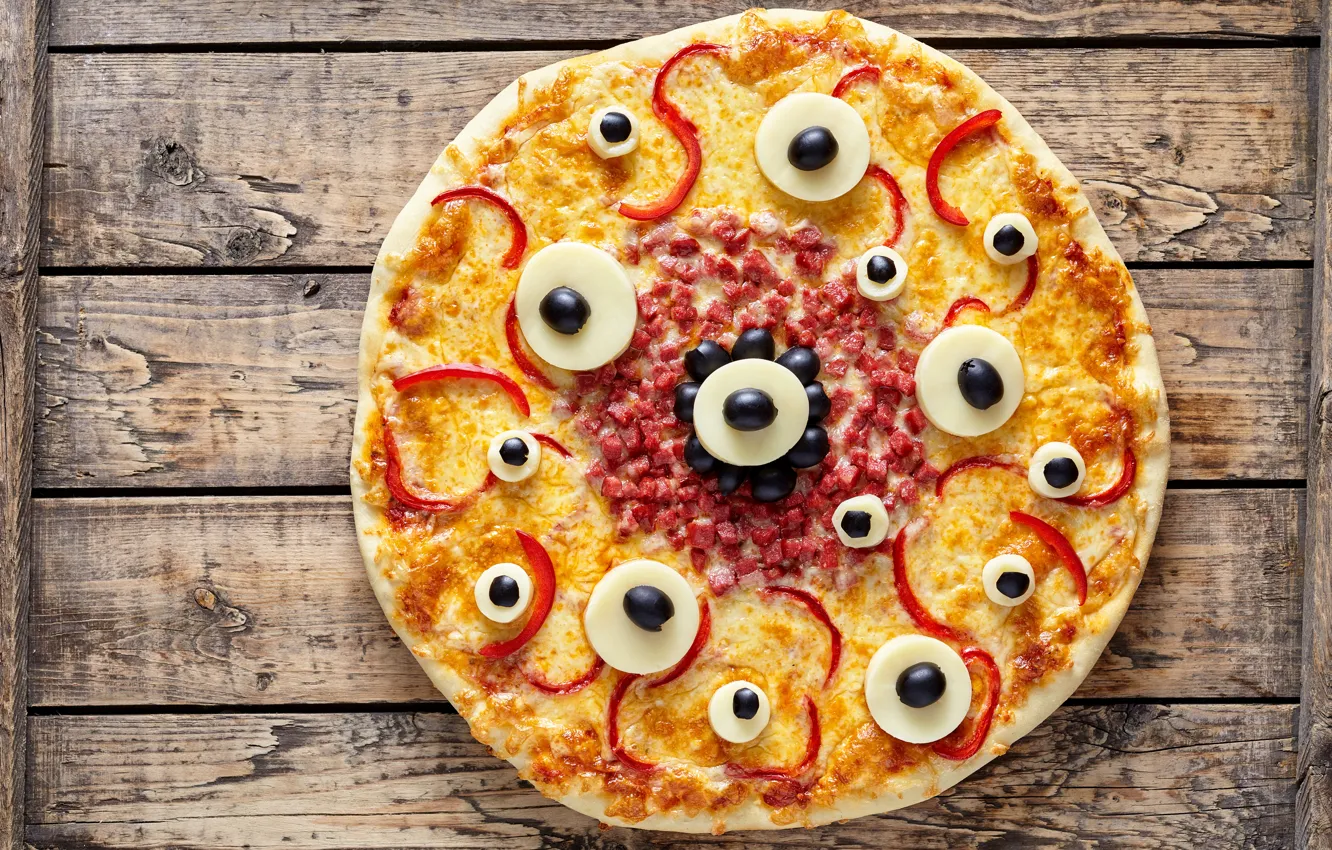 Photo wallpaper cheese, pepper, pizza, olives, sausage, cakes, peppers, cheese