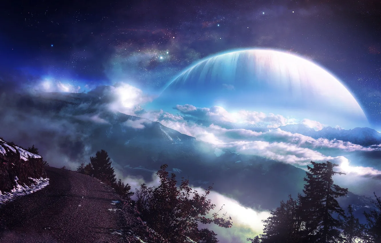 Photo wallpaper road, forest, stars, clouds, mountains, Planet