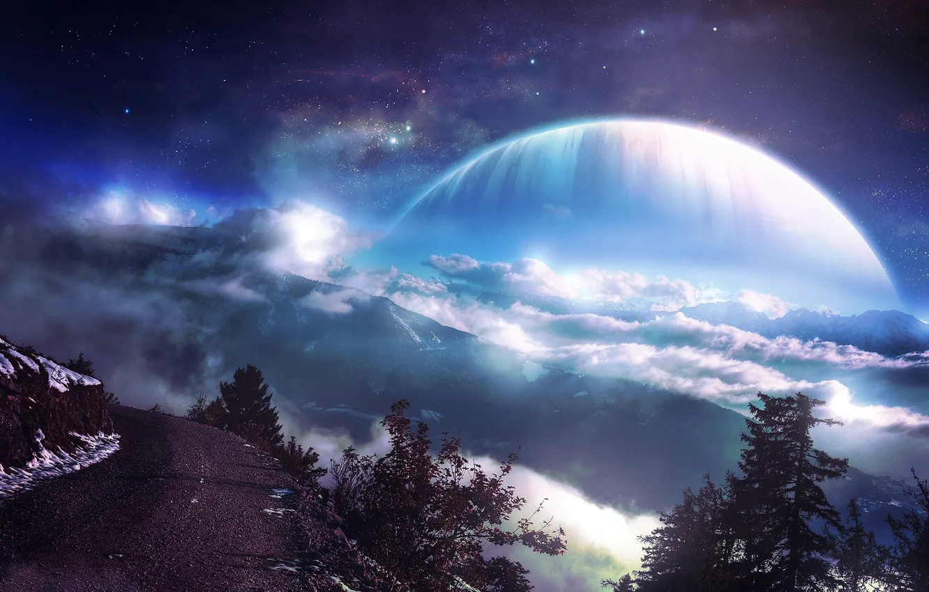 Photo wallpaper road, forest, stars, clouds, mountains, planet