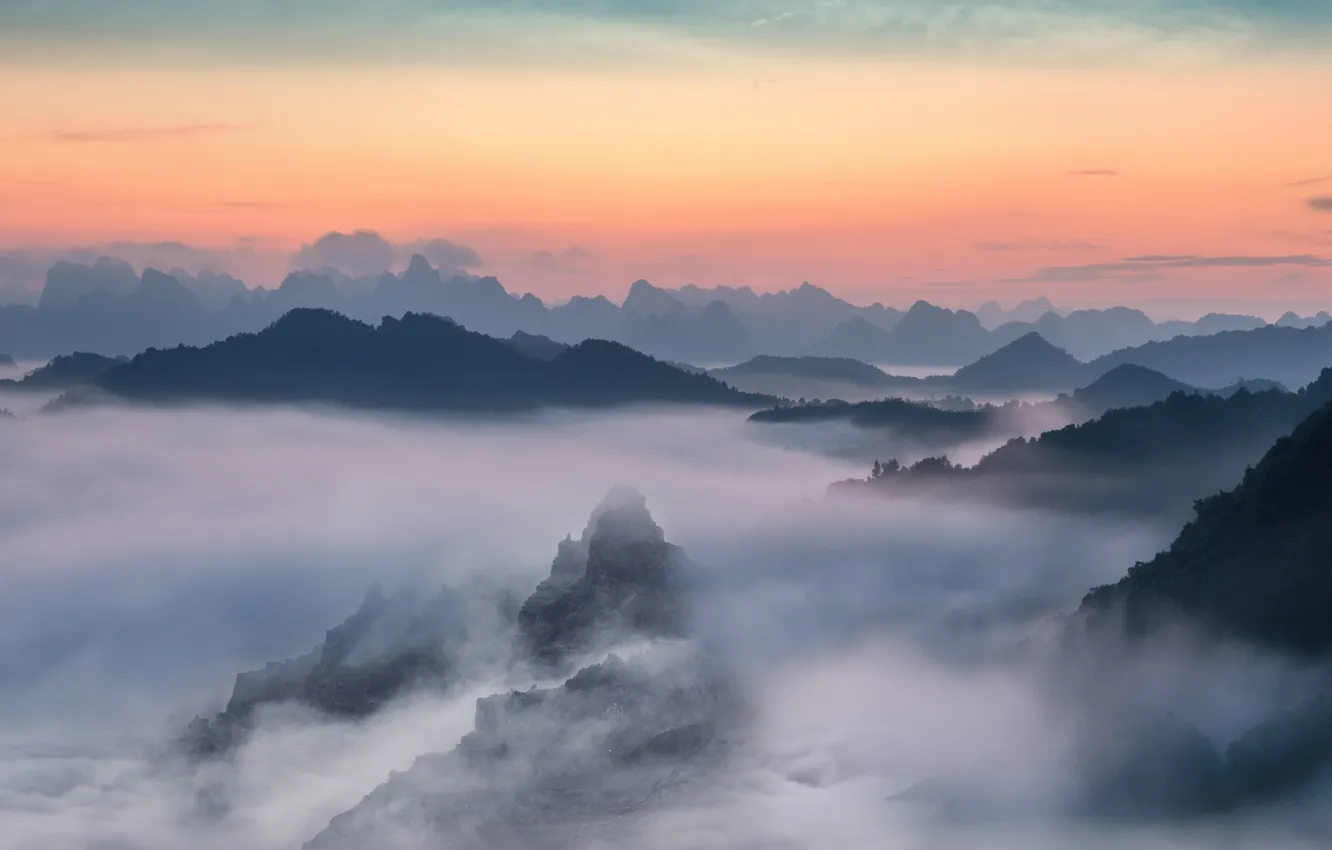 Photo wallpaper the sky, clouds, landscape, sunset, mountains, nature, fog, horizon