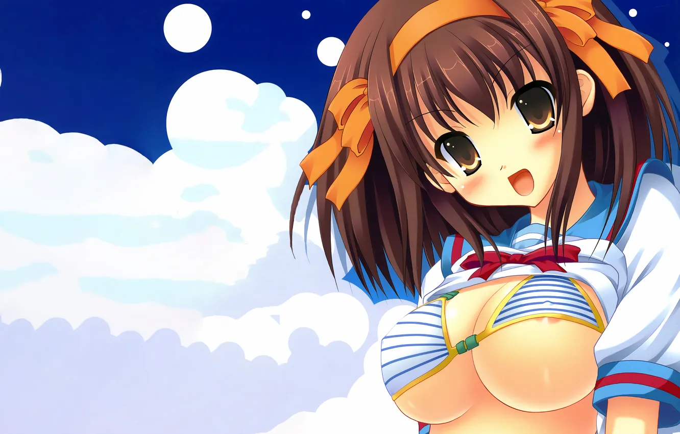 Photo wallpaper girl, sexy, cleavage, school uniform, long hair, brown hair, boobs, anime