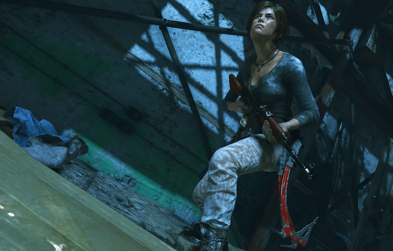 Photo wallpaper Girl, Look, Weapons, Tomb Raider, Machine, Square Enix, Game, Lara Croft