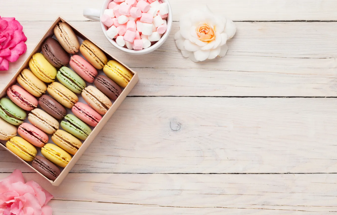 Photo wallpaper flowers, gift, colorful, wood, pink, flowers, macarons, gift box