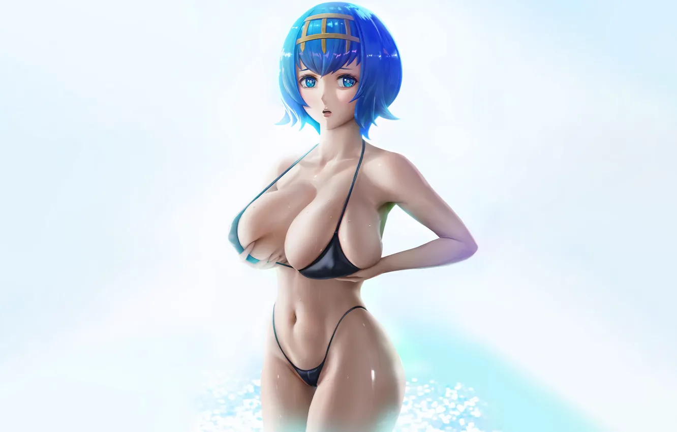 Photo wallpaper girl, sexy, Lana, wet, cleavage, boobs, anime, blue eyes