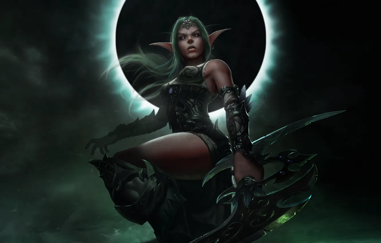 Photo wallpaper night, the moon, elf, figure, art, moon, World of Warcraft, elf