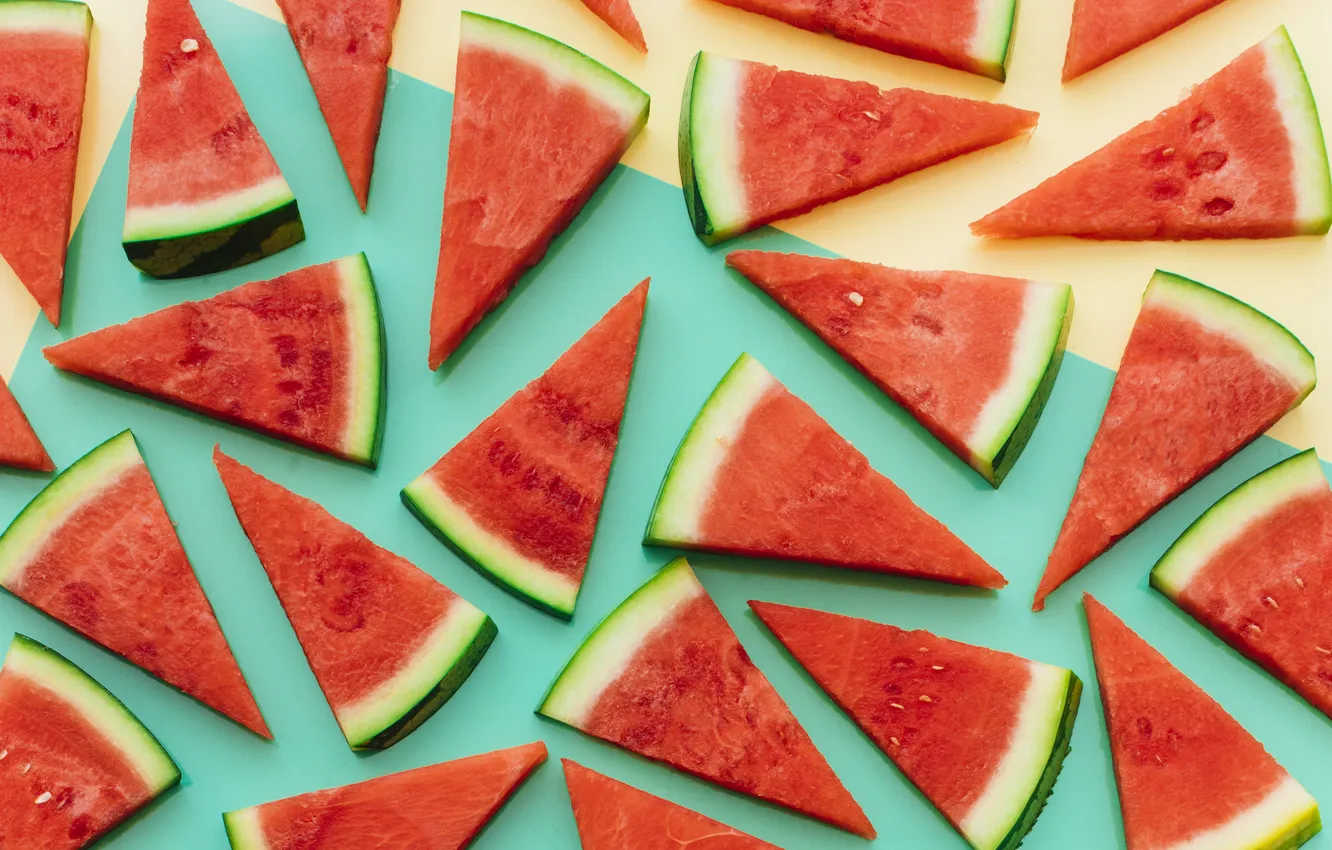 Photo wallpaper watermelon, a lot, green background, slices, slices