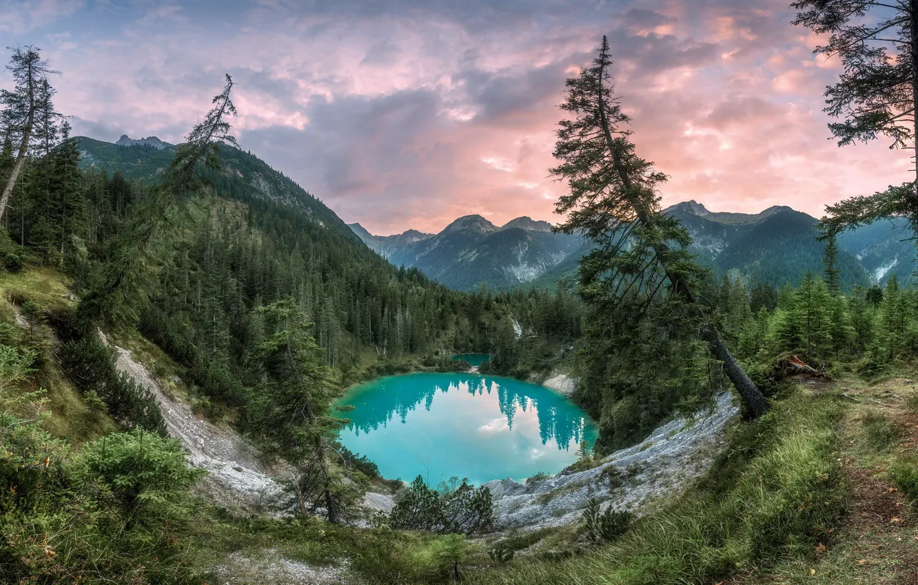 Photo wallpaper landscape, mountains, nature, lake, morning, Austria, forest, depression