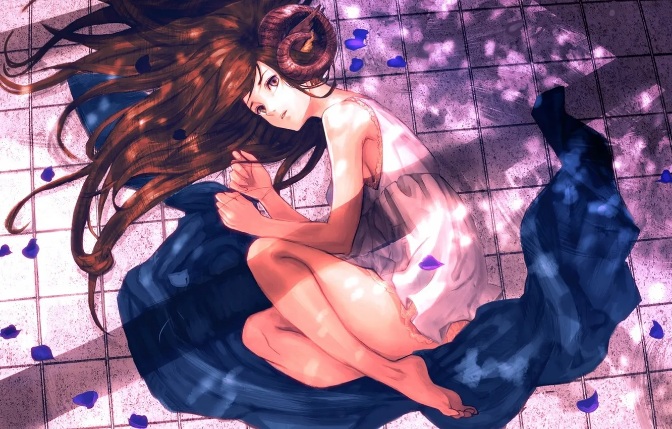 Photo wallpaper girl, anime, petals, art, horns, bibiko