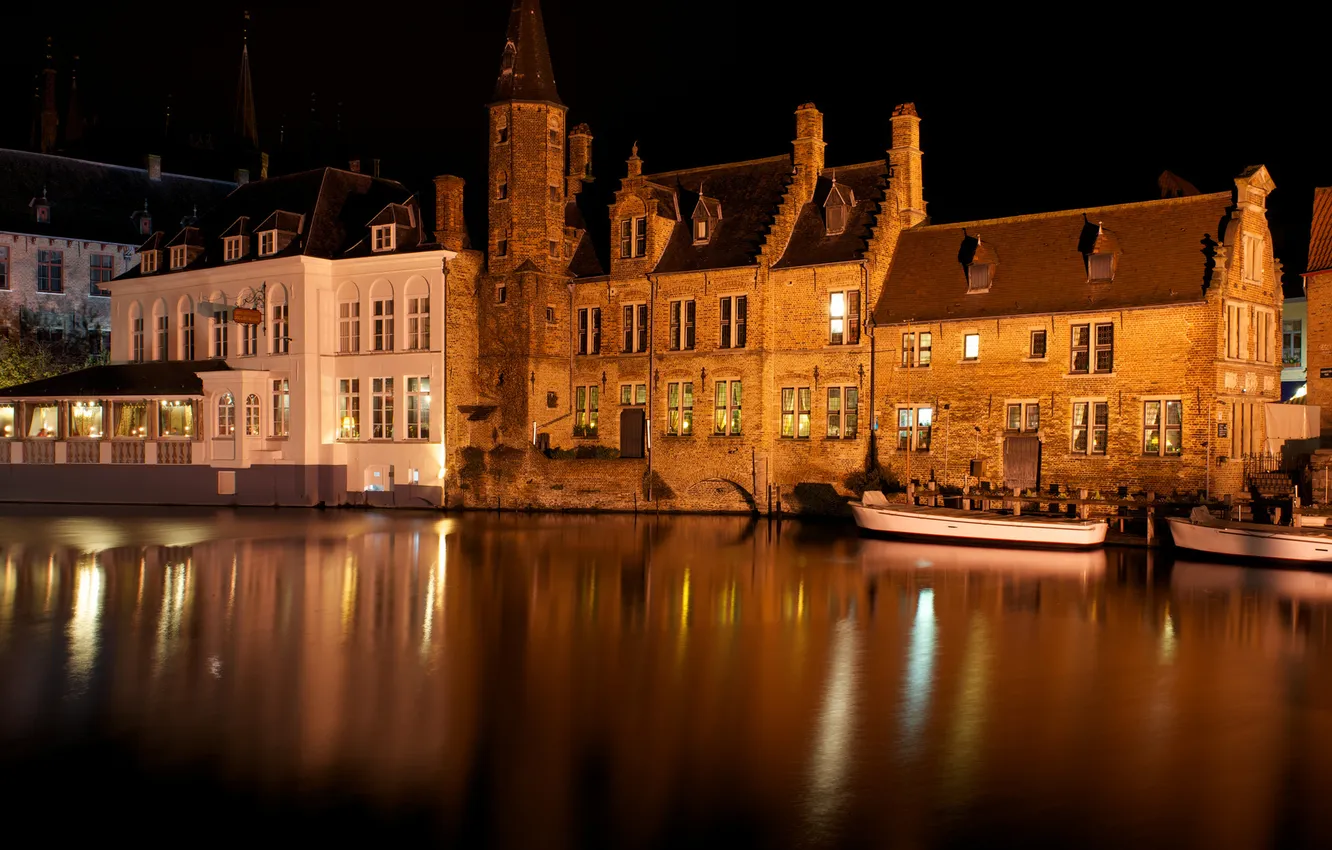 Photo wallpaper water, night, the city, boat, building, home, Belgium, Belgium