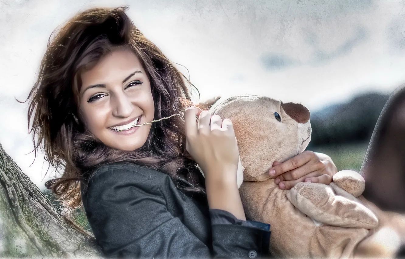 Photo wallpaper girl, joy, smile, toy