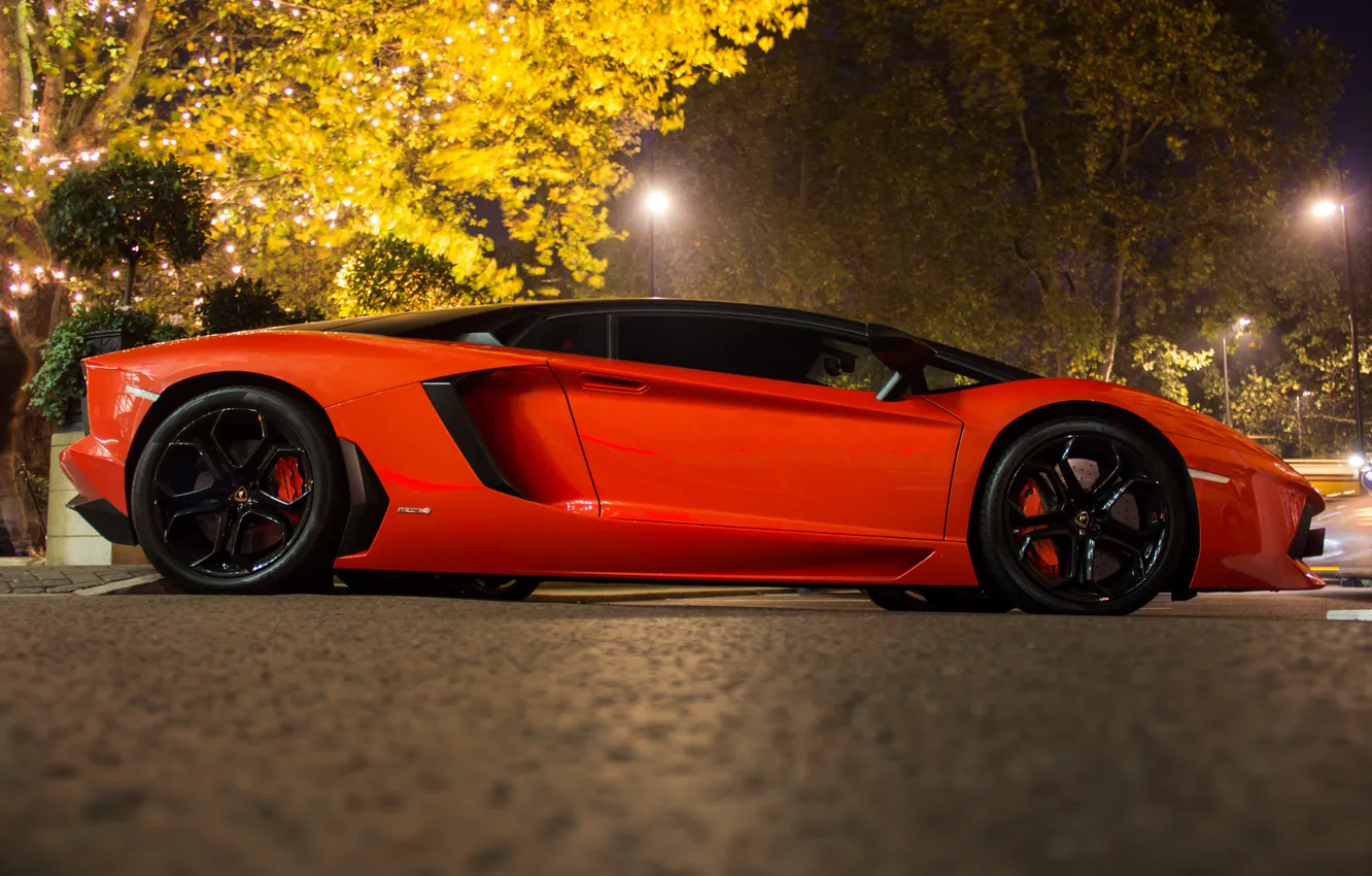 Photo wallpaper orange, the city, lights, Lamborghini, mirror, profile, orange, LP700-4