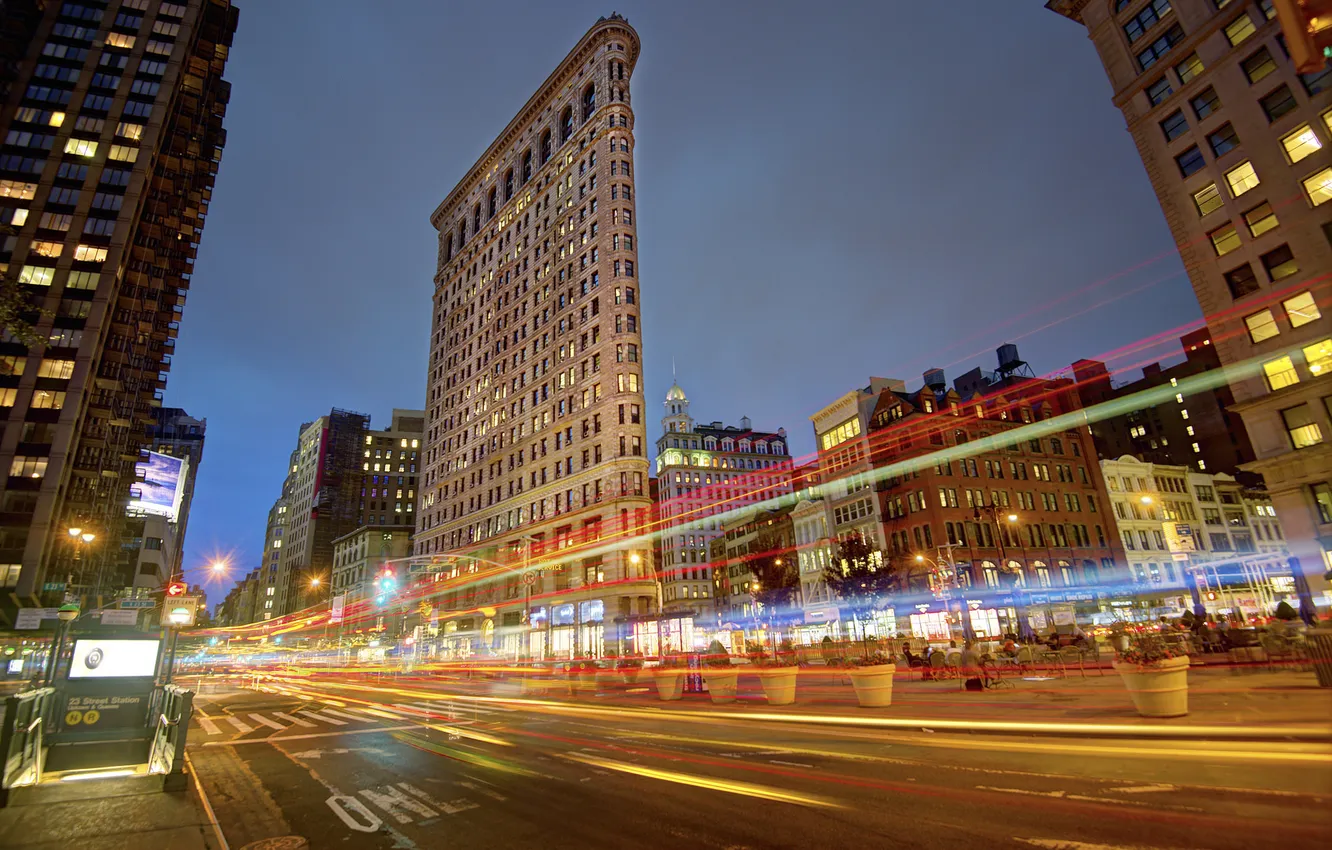 Photo wallpaper night, lights, street, track, home, New York, window, USA