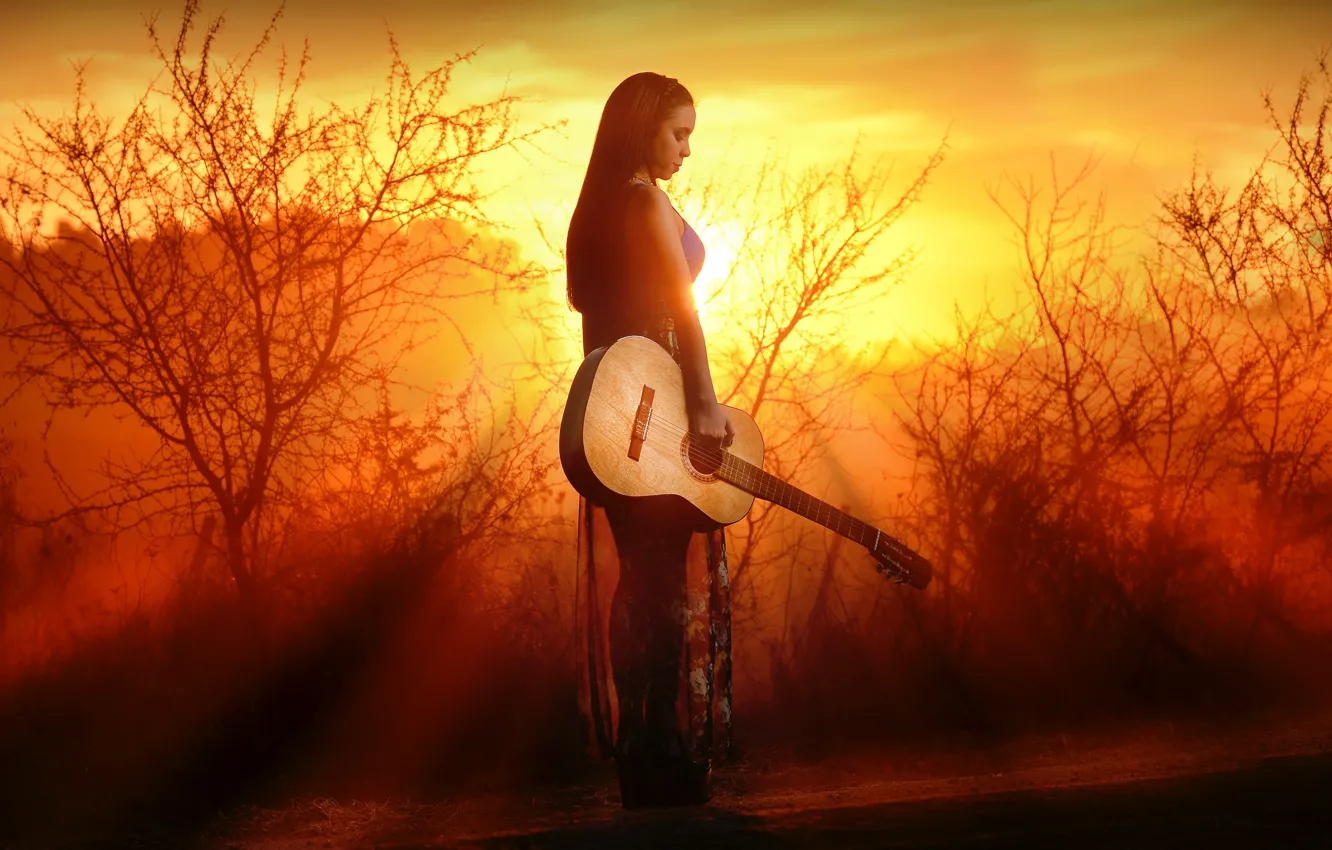 Photo wallpaper girl, light, guitar