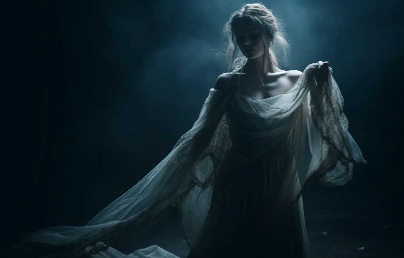 Photo wallpaper girl, the dark background, hair, dress, veil, dancing, digital art, AI art