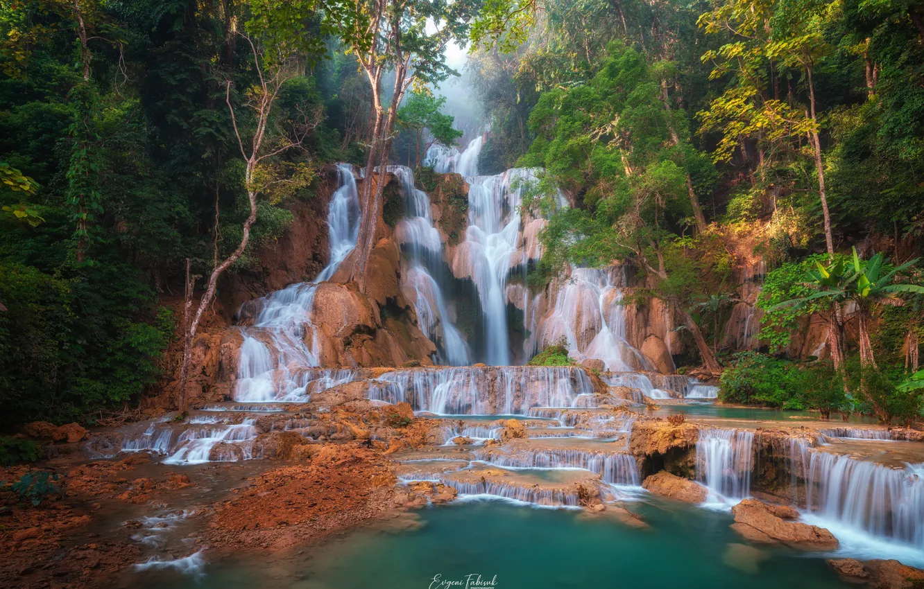 Photo wallpaper Waterfall, Trees, Jungle, Laos, The beauty of nature, Evgeni Fabis, Streams of Water