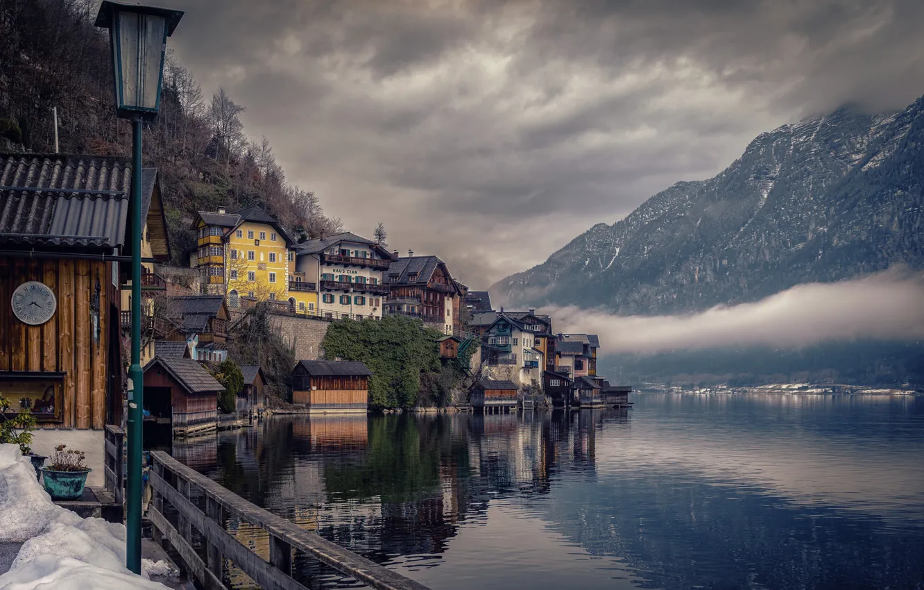 Photo wallpaper mountains, lake, overcast, Austria, Austria, Hallstatt