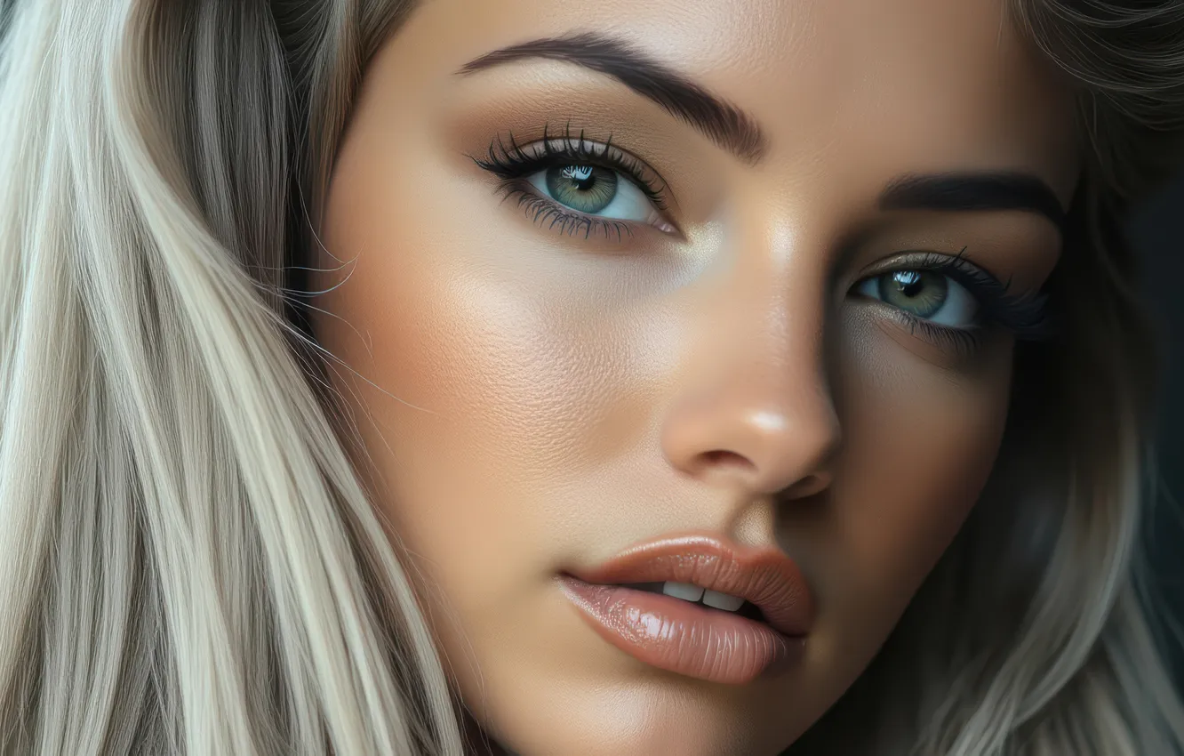 Photo wallpaper look, girl, face, eyelashes, portrait, makeup, blonde, AI art