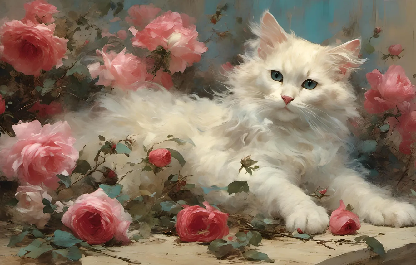 Photo wallpaper cat, white, look, flowers, sweetheart, figure, roses, picture