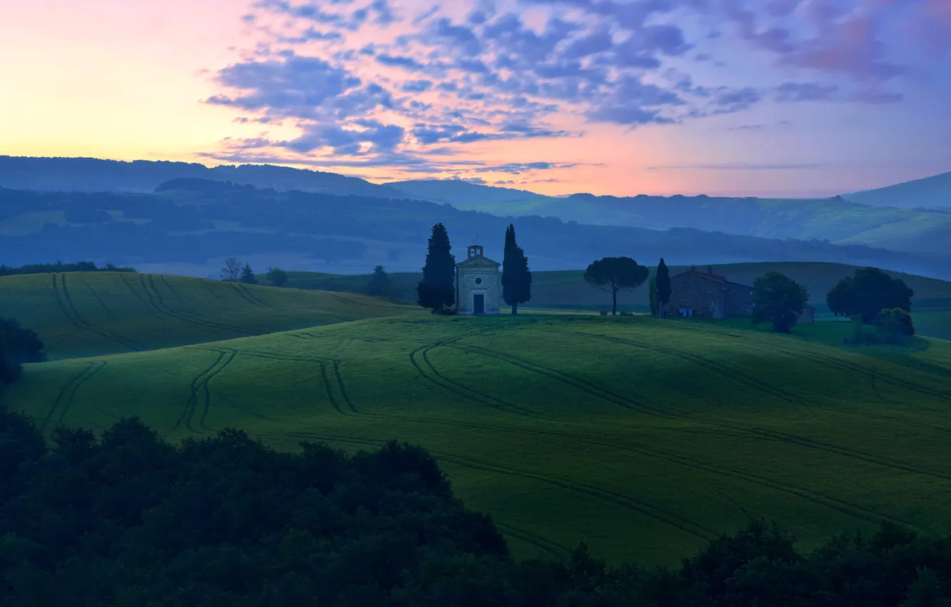 Photo wallpaper field, the sky, mountains, fog, strip, blue, hills, dal