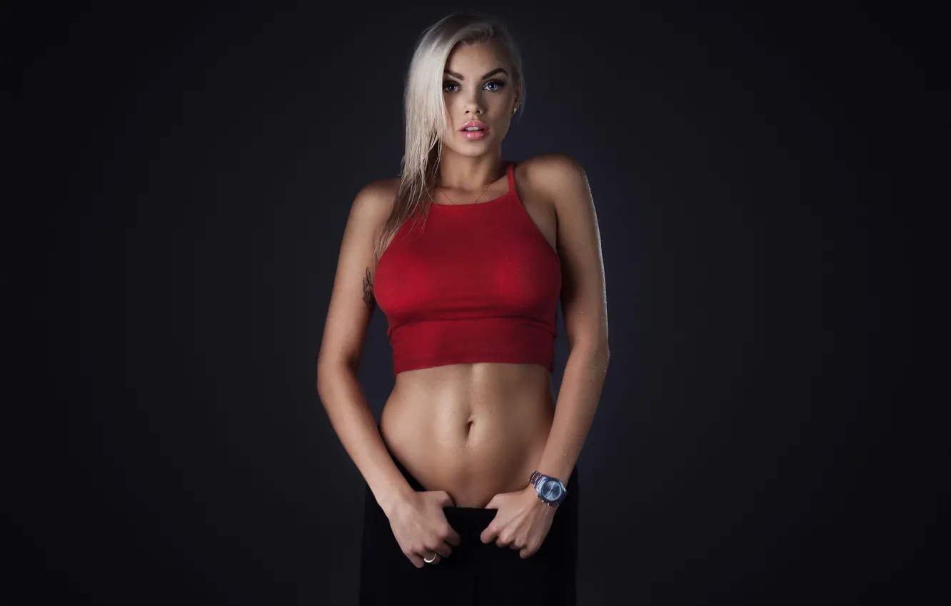 Photo wallpaper girl, background, blonde, Median Income Is Only Masojc, red top, Greta