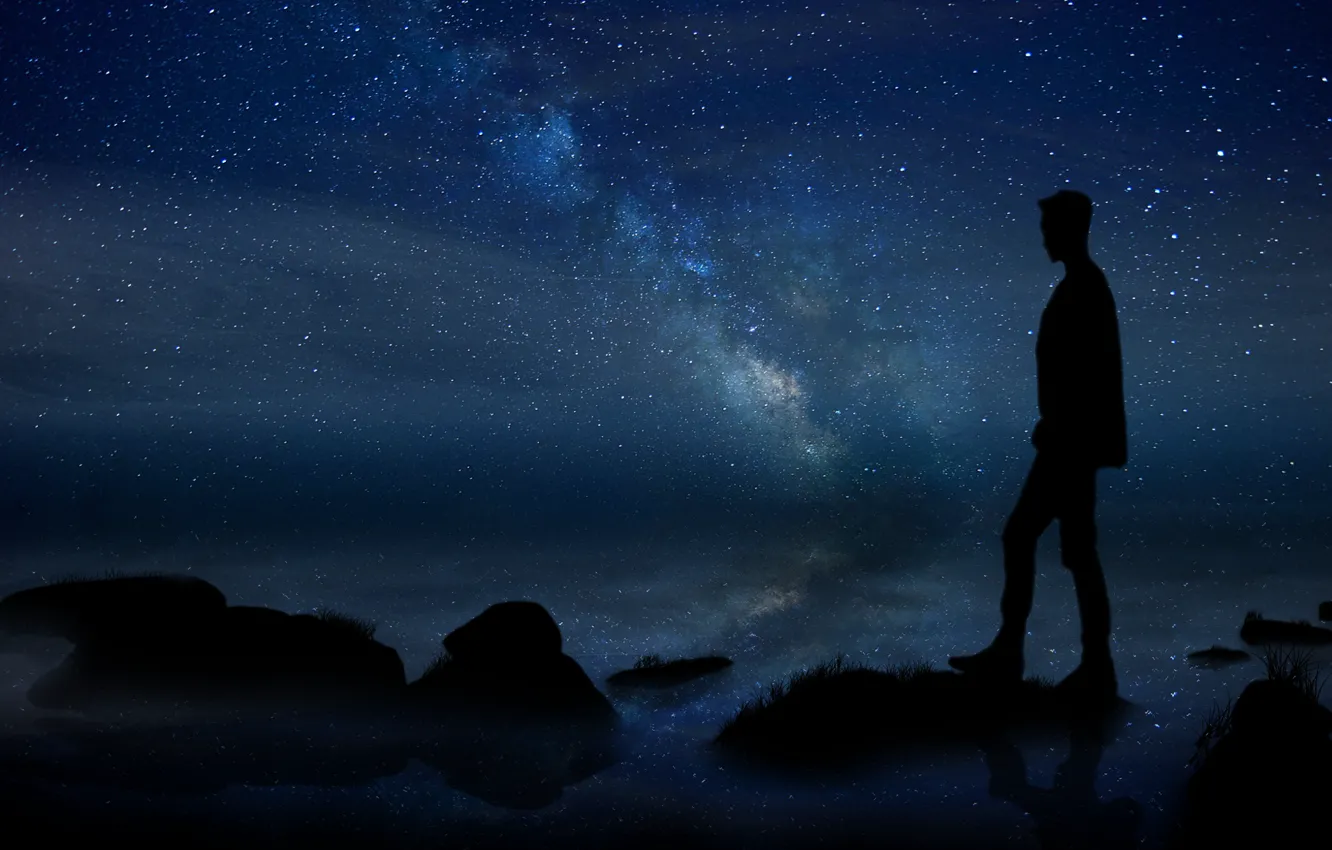 Photo wallpaper summer, white, grass, black, sea, blue, stars, man