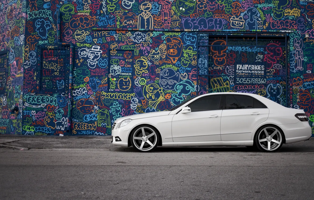 Photo wallpaper white, graffiti, tuning, Mercedes, drives, side, tinted, E Class