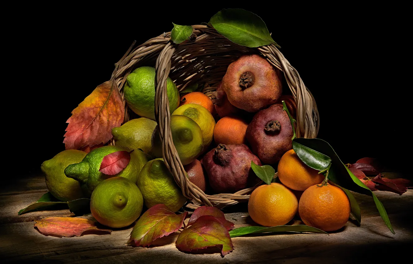 Photo wallpaper food, fruit, black background, still life, basket, items, a lot, lemons