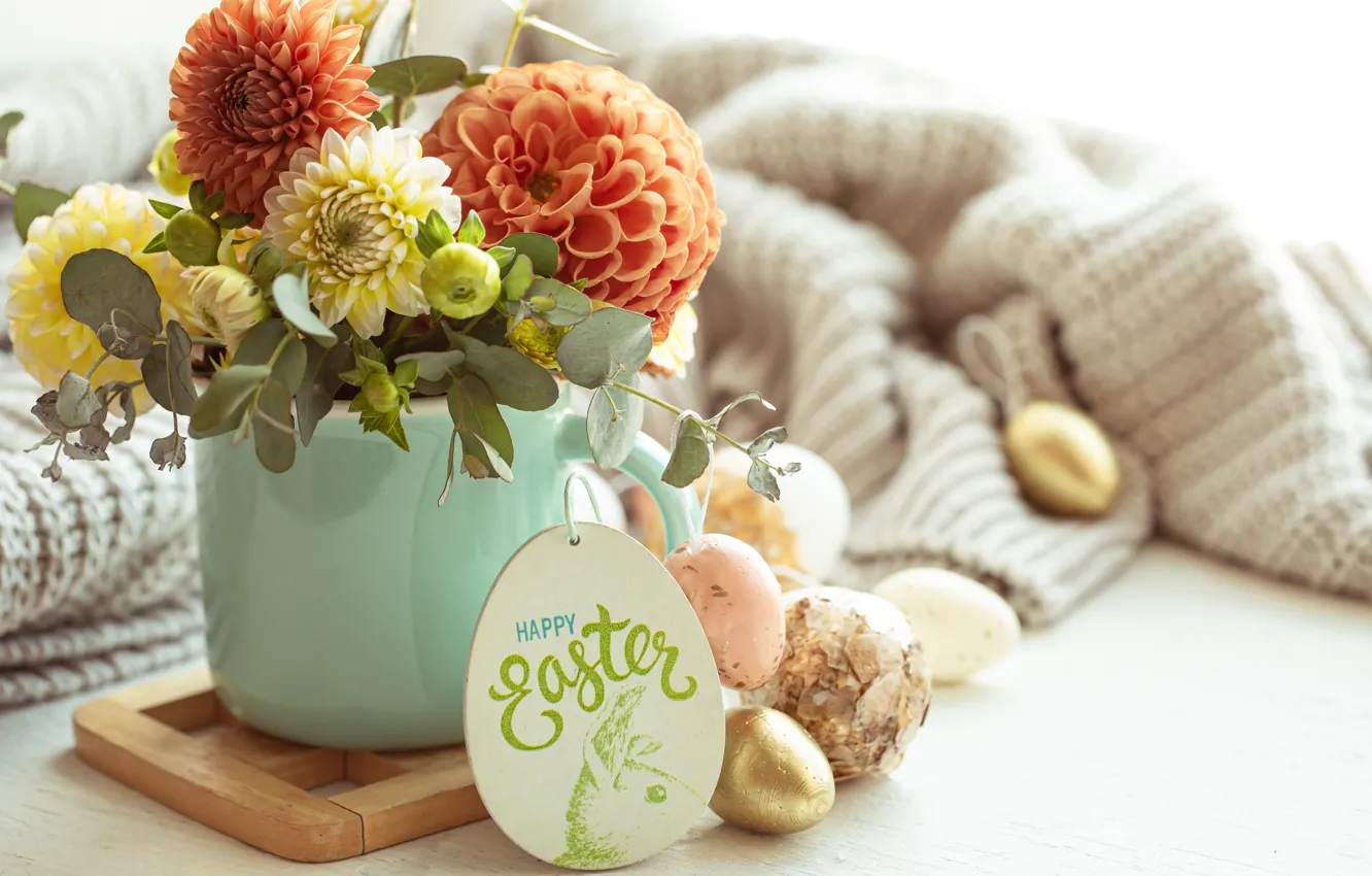Photo wallpaper flowers, eggs, Easter, dahlias