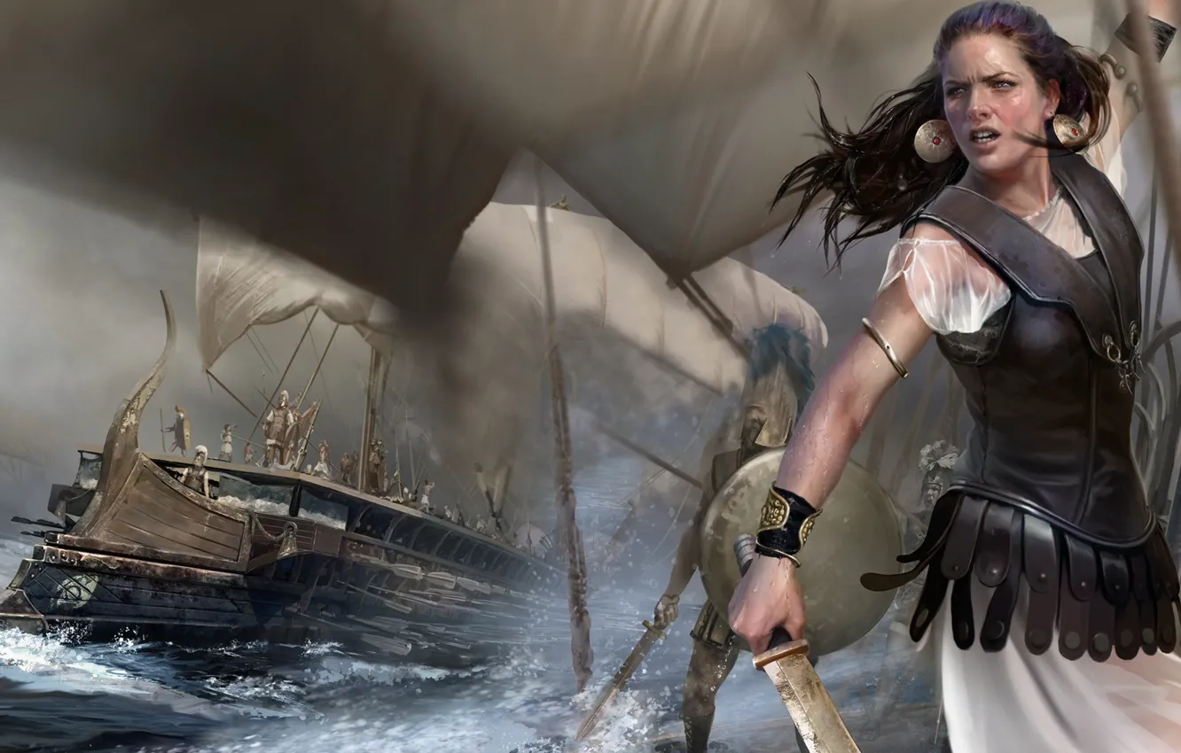 Photo wallpaper girl, ships, sword, armor, sails, bad weather, warriors, Rome: Total War