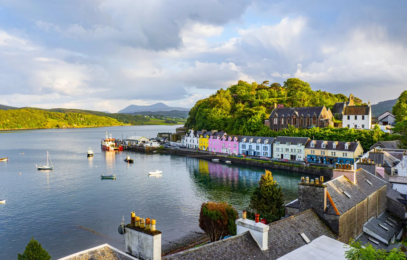 Photo wallpaper Scotland, Skye, boats, home, shore, landscape, harbour