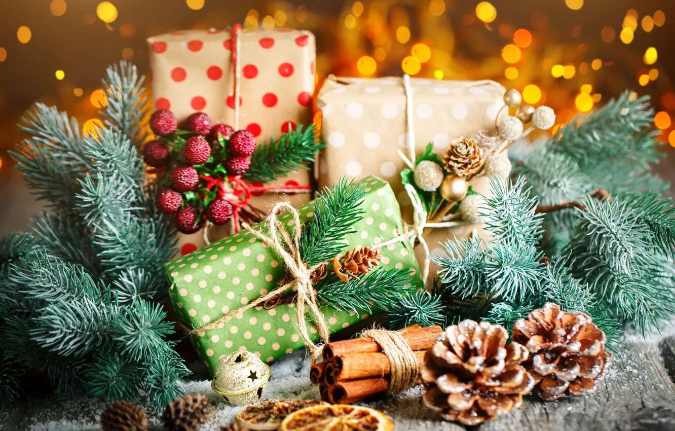 Photo wallpaper snow, decoration, New Year, Christmas, gifts, christmas, balls, wood