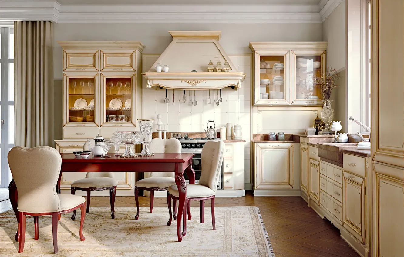 Photo wallpaper style, Villa, interior, Italy, kitchen, dining room, dining area, Italian design