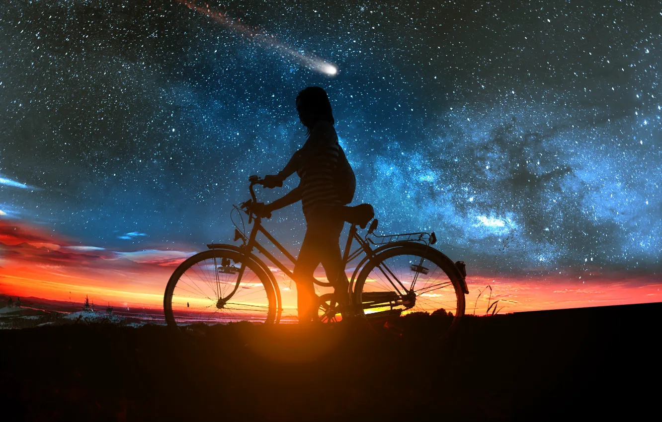 Photo wallpaper girl, sunset, bike, comet