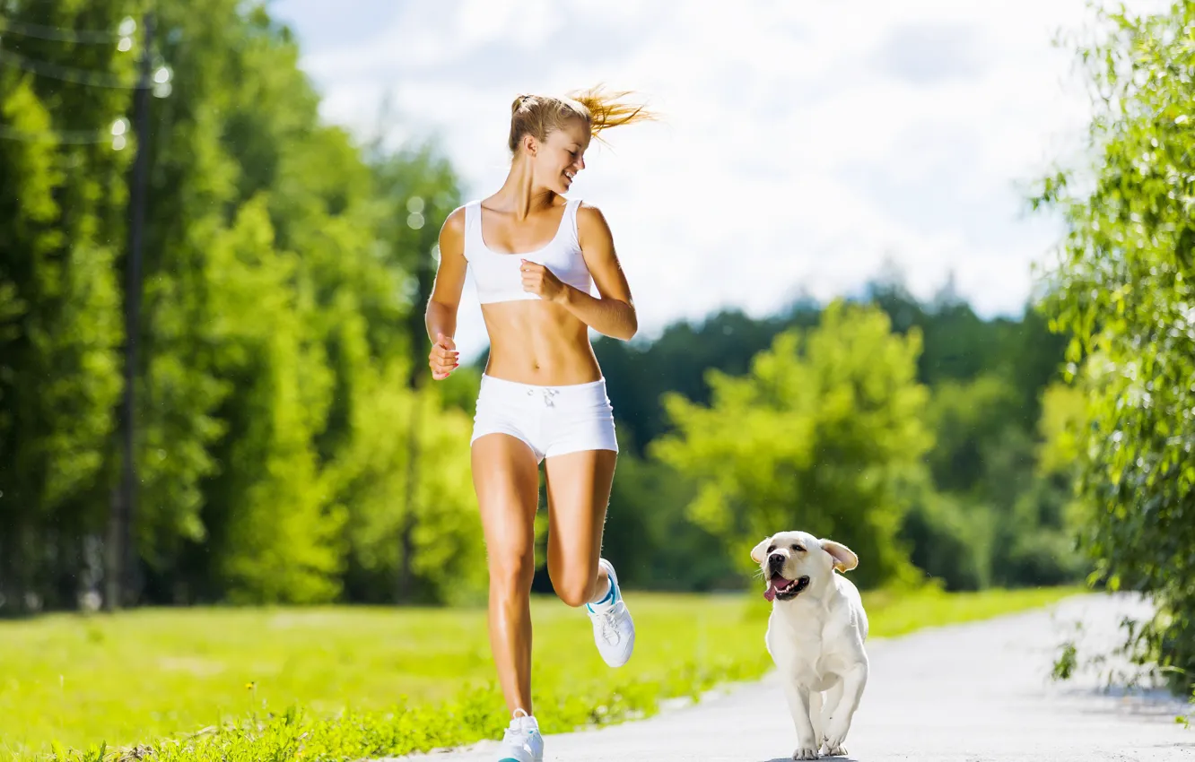 Photo wallpaper woman, dog, running, physical activity