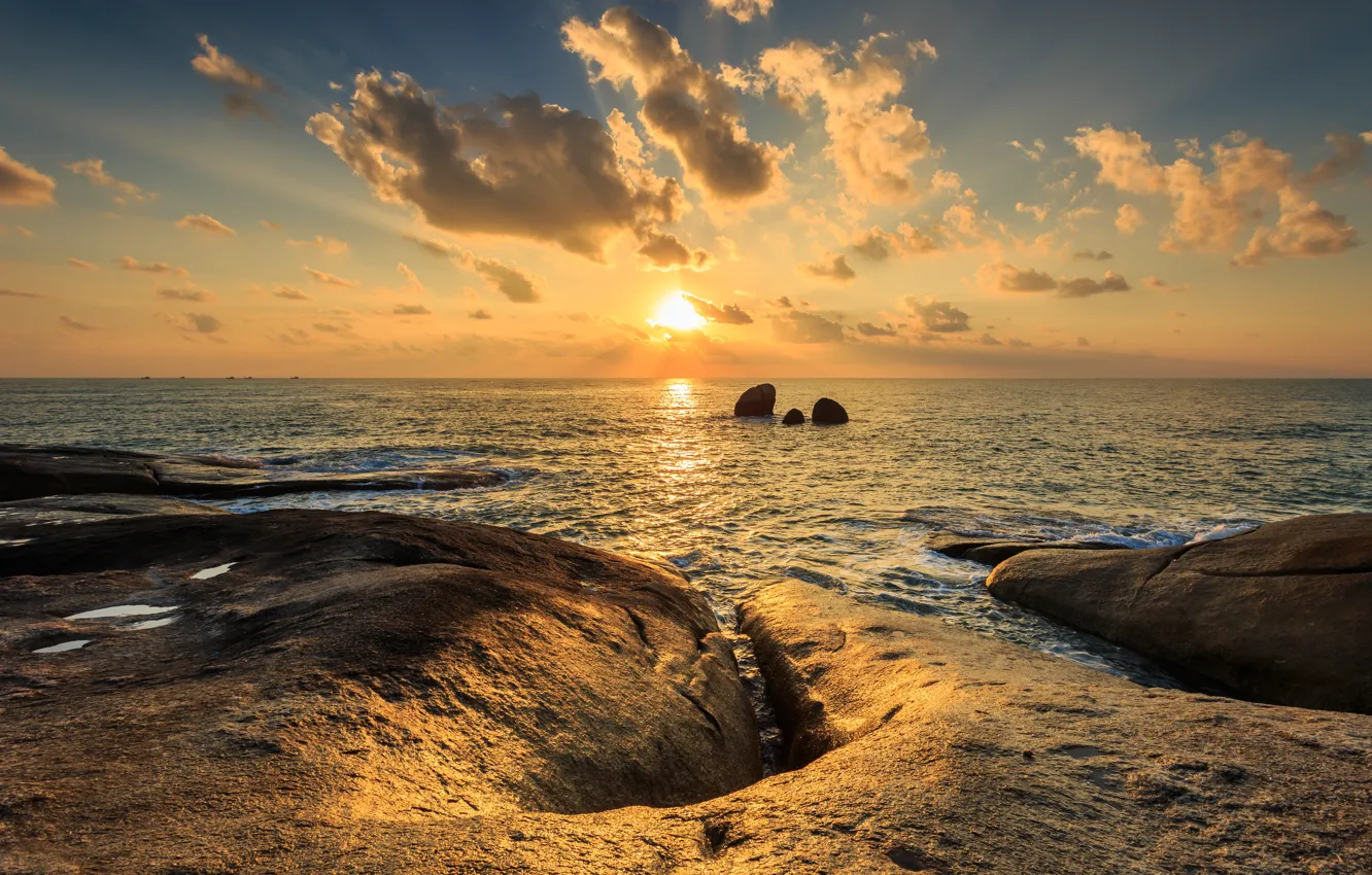Photo wallpaper sea, wave, beach, summer, the sky, sunset, stones, rocks