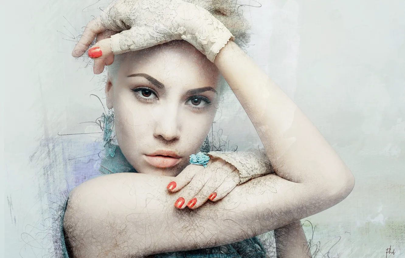 Photo wallpaper girl, face, hands, art, blonde, gloves