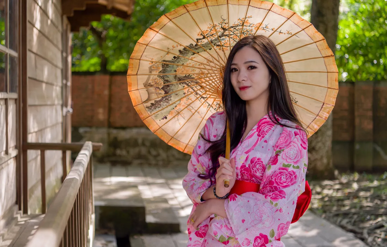 Photo wallpaper look, umbrella, kimono, Asian