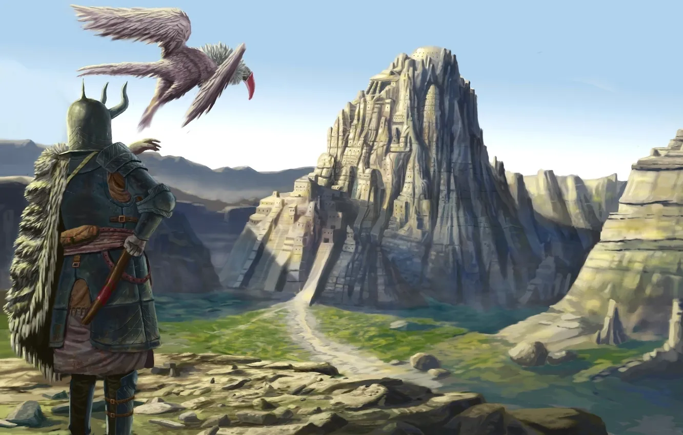 Photo wallpaper mountains, the city, rocks, bird, back, people, wings, armor