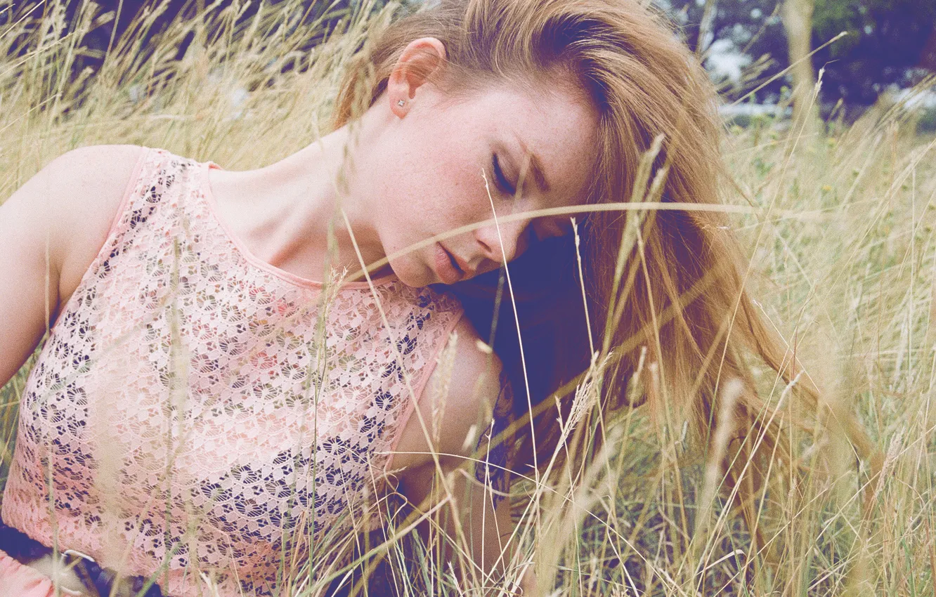 Photo wallpaper girl, grass, bra, woman, model, redhead, Hattie Watson, female