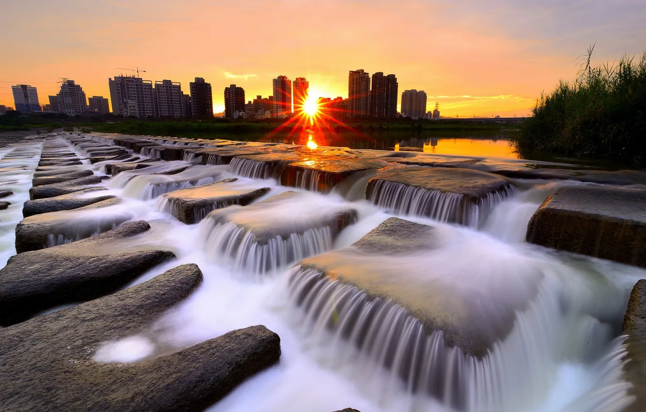 Photo wallpaper sunset, the city, river