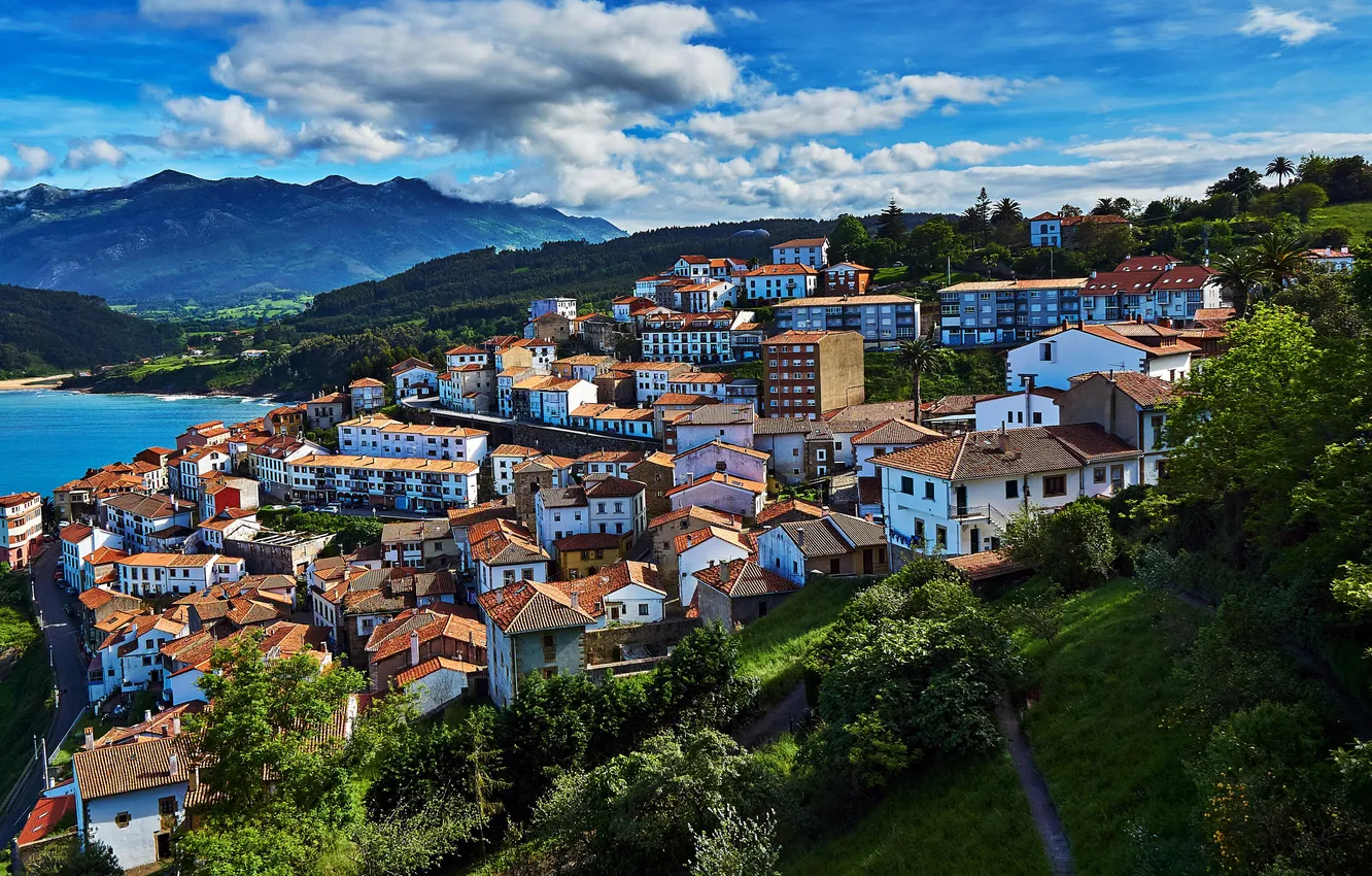 Photo wallpaper sea, clouds, mountains, hills, coast, home, slope, Spain