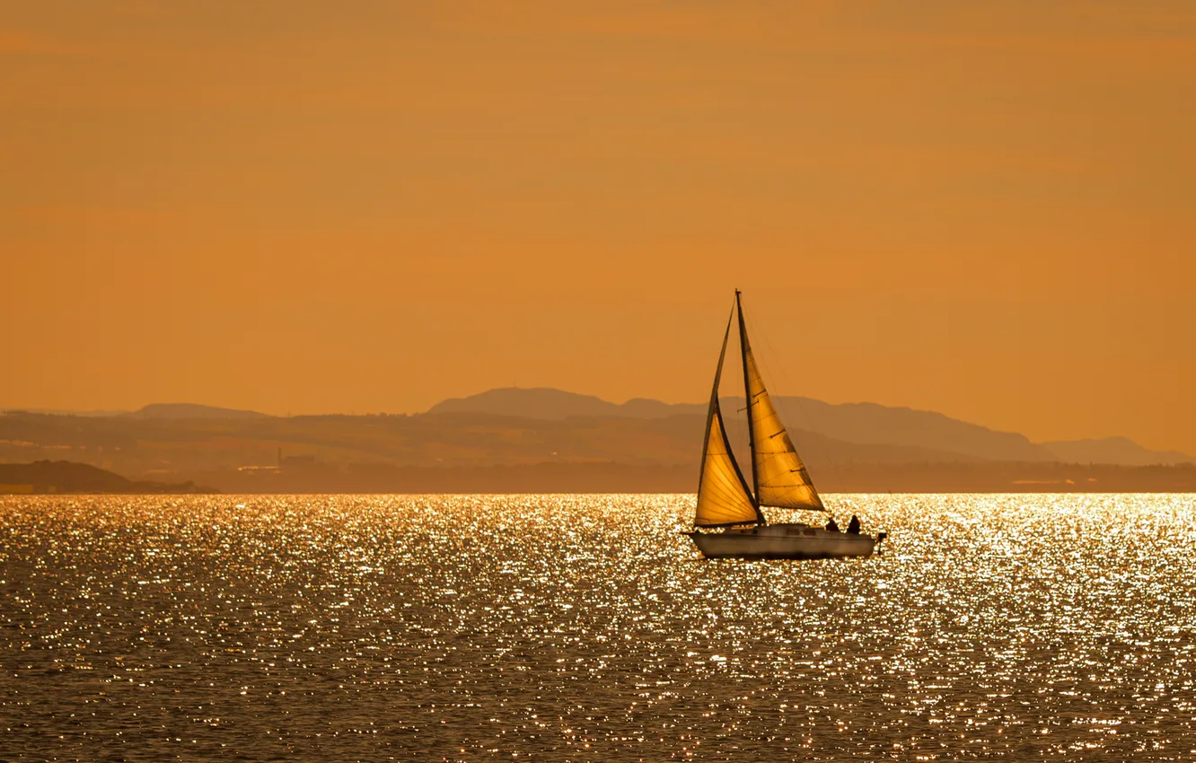 Photo wallpaper the sky, sunset, mountains, lake, boat, yacht, sail