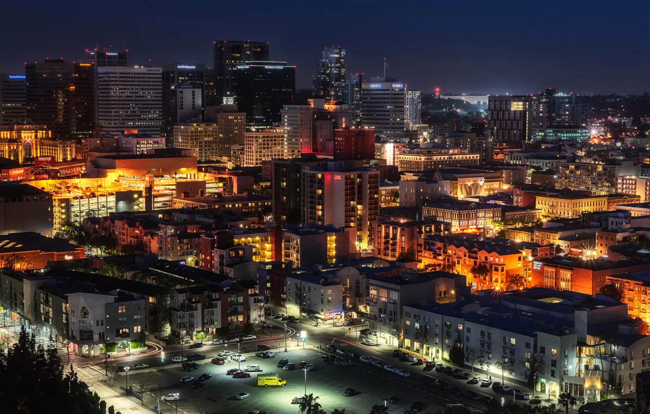 Photo wallpaper the city, lights, street, home, lights, USA, night, San Diego