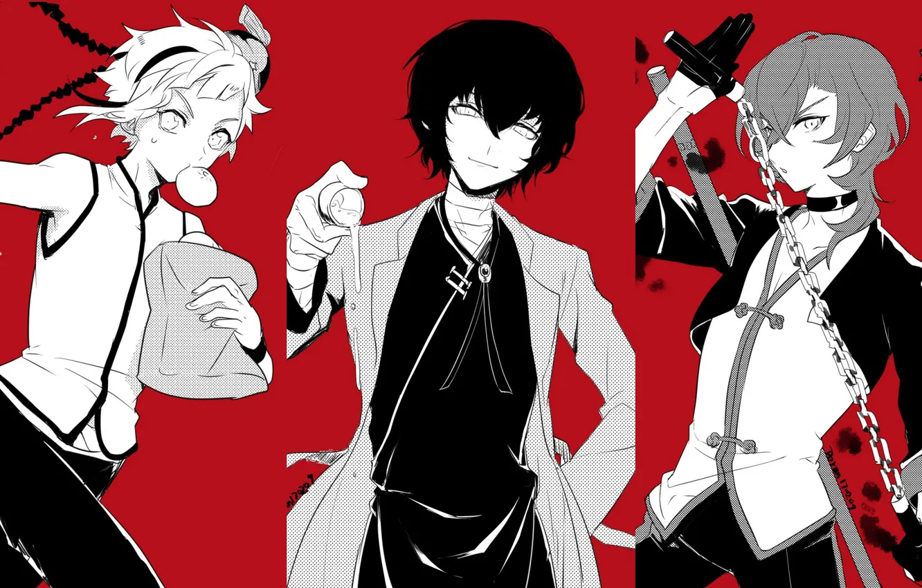 Photo wallpaper collage, guys, red background, Bungou Stray Dogs, Stray Dogs: A Literary Genius